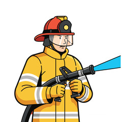 Fireman with water hose working icon logo flat vector design
