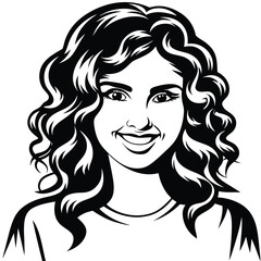 Smiling Caucasian girl with wavy dark hair looks directly at the viewer confidently