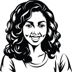 Smiling ethnic woman with curly hair looks forward in this monochrome artwork