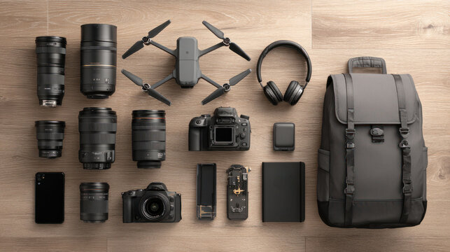 Travel essentials: camera gear, drone, and backpack, ready for a memorable vacation