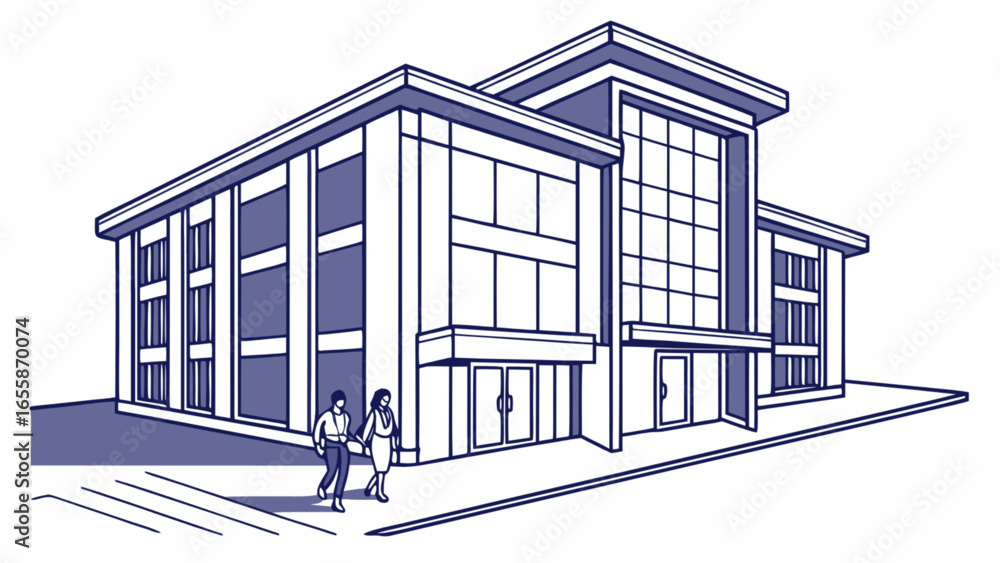 Poster modern building architecture design with couple walking in front of the office building facade desig