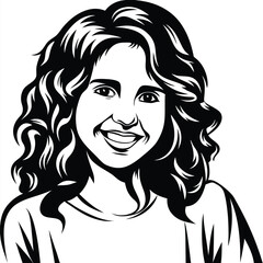 Smiling girl with curly hair looks cheerful in a black and white vector