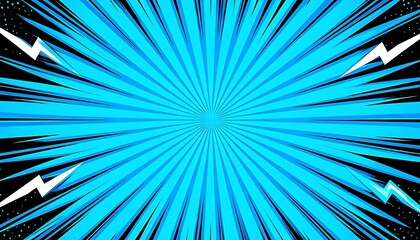 Radiant blue comic book style background with radial lines and lightning bolts.