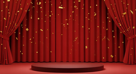 Podium stage with spot lights background - a luxurious red velvet stage with golden confetti falling, featuring an empty podium for a special presentation or performance