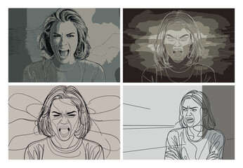 Collage of woman screaming in anger with various artistic styles and expressive emotions