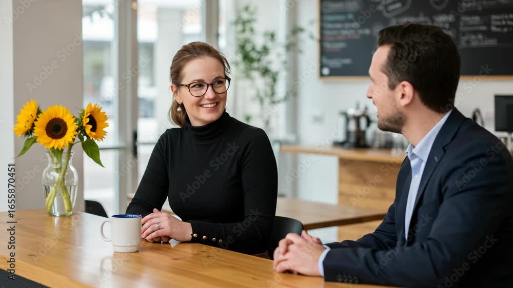 Poster two business colleagues smiling and conversing at a table, fostering teamwork and communication in a