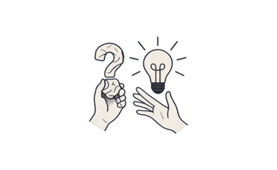 Two hands holding a question mark and a lightbulb representing the transition from uncertainty to a brilliant idea or solution isolated on transparent background