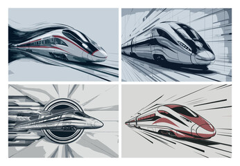 Collage of highspeed train illustrations showcasing modern transportation and technological advancement