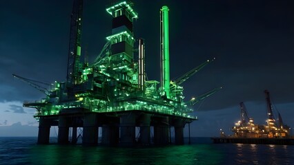 Illuminated Offshore Oil Rig at Night with Neon Green Lights. Concept of Energy and Futuristic Technology.