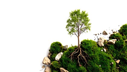 Small tree with roots emerging from a hill of moss and rocks.