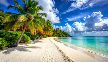 Pristine White Sand Beach with Lush Palm Trees and Turquoise Ocean Under a Vibrant Blue Sky