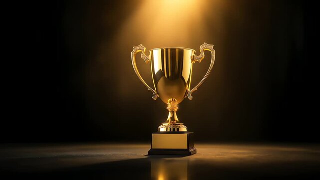 Golden trophy cup on a pedestal with spotlight shining down, symbolizing achievement and success in a dramatic setting.