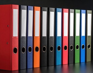 Colorful office binders in a row with white labels, black s, and vibrant colors including red, blue, black, orange, pink, green, and navy on a dark shelf