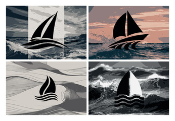 Set of sailboat on the sea illustration for travel and adventure, isolated on white background