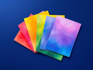 Fototapeta premium Bold flat lay of overlapping rainbow color palette cards arranged diagonally on a dark background. Perfect for striking modern design projects