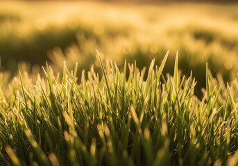 Golden hour light illuminates vibrant green grass blades