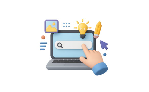 3d illustration of a hand interacting with a laptop screen displaying a search bar and educational icons representing learning and innovation isolated on transparent background
