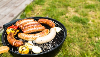 Delicious sausages and vegetables grilling on a charcoal barbecue in a grassy outdoor setting.