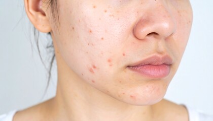 Obraz premium Closeup of Young Woman's Face Showing Acne and Blemishes