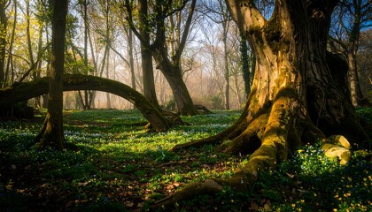 Sunlight streams through a misty woodland, illuminating ancient trees with moss-covered roots and a carpet of spring wildflowers.