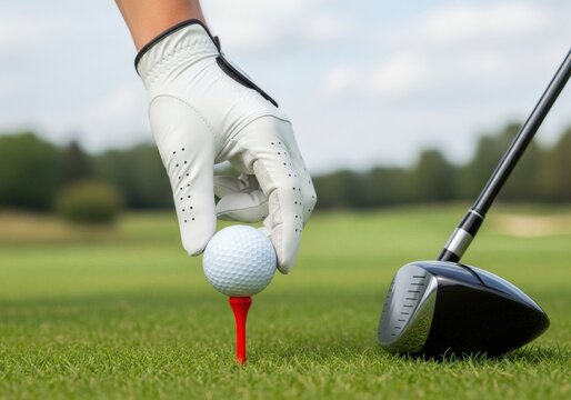 Hand in golf glove placing ball on tee next to driver - Powered by Adobe