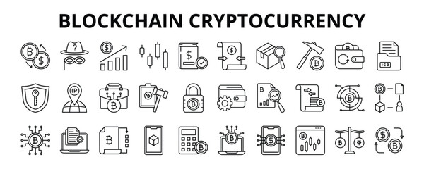 30 Blockchain Cryptocurrency Line Icons Vector - Coin Investment, Crypto Market, Bitcoin Mining, Encryption, Mining Pool, Trading