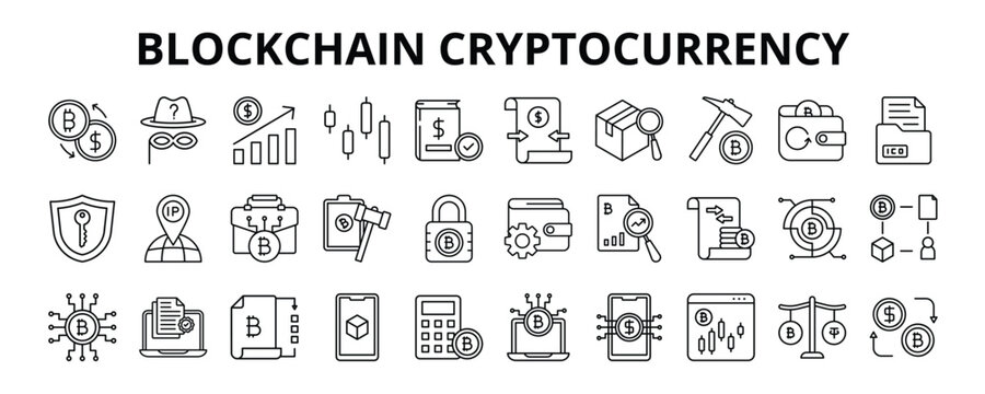 30 Blockchain Cryptocurrency Line Icons Vector - Coin Investment, Crypto Market, Bitcoin Mining, Encryption, Mining Pool, Trading