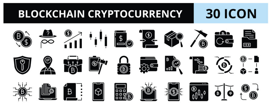30 Blockchain Cryptocurrency Glyph Icons Vector - Coin Investment, Crypto Market, Bitcoin Mining, Encryption, Mining Pool, Trading