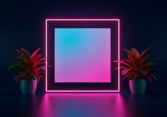 Podium stage with spot lights background - square neon light frame with glowing pink and blue gradient in the center, flanked by potted plants on a dark background