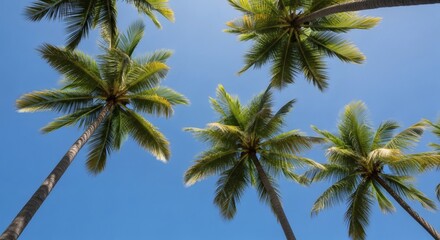 Looking up at palm trees against a bright blue sky