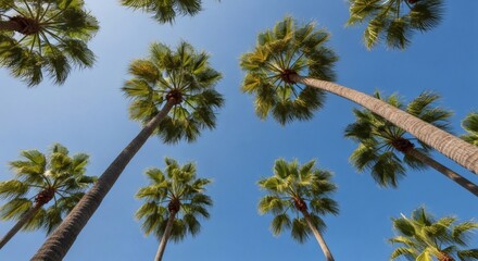 Lowangle view of palm trees against a clear blue sky