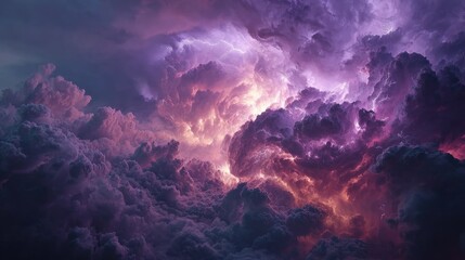 Dramatic cloudscape with vibrant purple and orange hues, illuminated by intense lightning