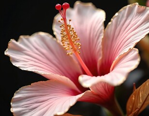 Exquisite soft pink and gold botanical artwork featuring a hibiscus bloom. Delicate flower petals with ornate gold edging. Modern luxury meets nature serenity in this captivating floral design.