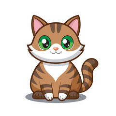 Adorable Cartoon Cat with Big Green Eyes and Brown Stripes Sitting Comfortably