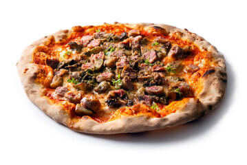 Pizza con salsiccia e funghi porcini, cibo italiano 