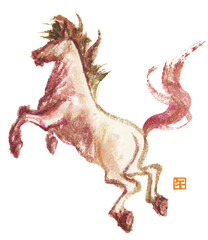 水彩筆描き　躍動する馬　落款付き　午年の年賀状素材