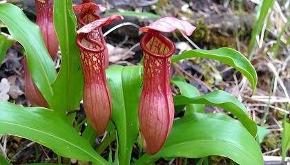 Close-up of pitcher plant with vibrant red-pink pitchers.