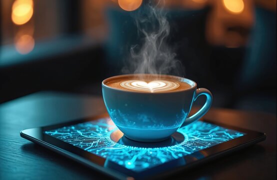 Futuristic coffee cup with heart latte art sits on digital tablet displaying glowing blue circuit board graphic. Steam rises from hot drink. Modern cafe, tech innovation, smart automation in cafes.