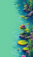 Detective frog investigating a vibrant pond ecosystem nature scene cartoon style close-up view