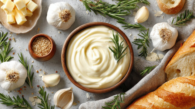 Creamy aioli sauce in rustic bowl with garlic, rosemary, and bread