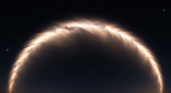 Ring of glowing clouds in the night sky with stars