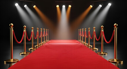 Podium stage with spot lights background - a luxurious red carpet event entrance with velvet ropes and dramatic spotlights, symbolizing glamour and celebrity