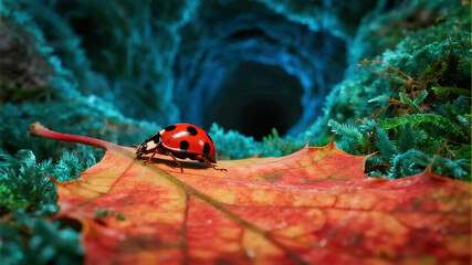 Vibrant Ladybug on Textured Autumn Leaf, Glimpsing a Mystical Blue Portal in a Miniature World.