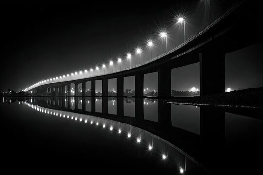 Fototapeta Black and white highway overpass reflecting in still water at night