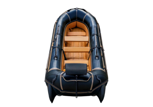 Black and tan inflatable boat isolated on transparent or white background