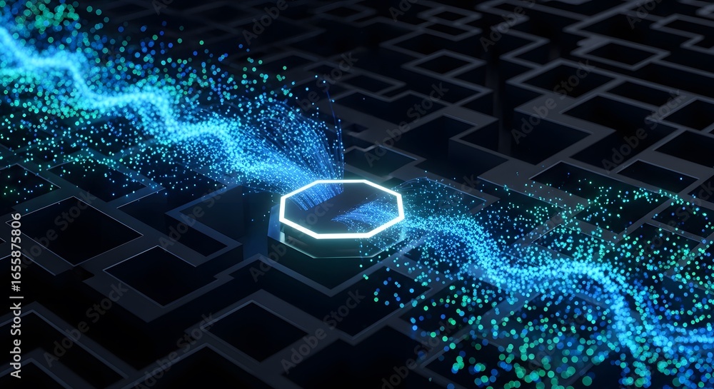 Poster abstract digital data stream flowing from hexagon, artificial intelligence, big data, network, futur