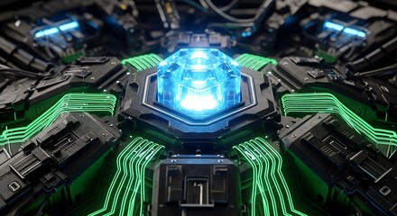 Futuristic glowing blue crystal intricate circuitry, Technology, Sci-Fi, Neon, Power Core, Abstract.