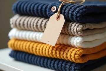 Folded knitted sweaters in assorted colors with blank tag  mockup for branding, cozy autumn winter clothing retail display
