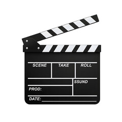 Black film clapperboard with white stripes and text fields isolated on transparent background