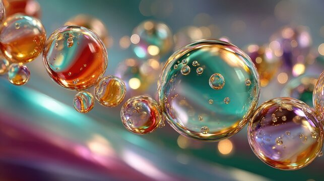 Shimmering, translucent spheres float in a vibrant, abstract swirl of color